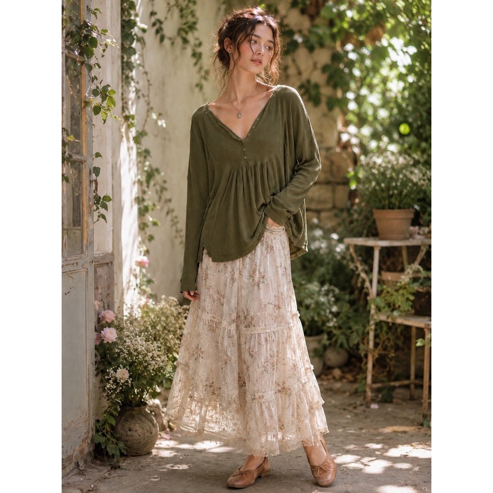 Free People Olive Green Leo Henley Thermal Mixed Knit Boho Babydoll Top Large